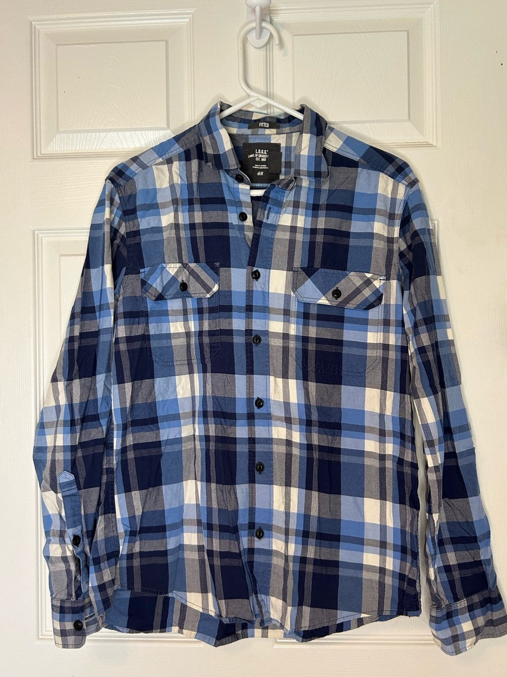 H&M L.O.G.G. Men’s Blue, Navy & White Plaid Button-Down Shirt